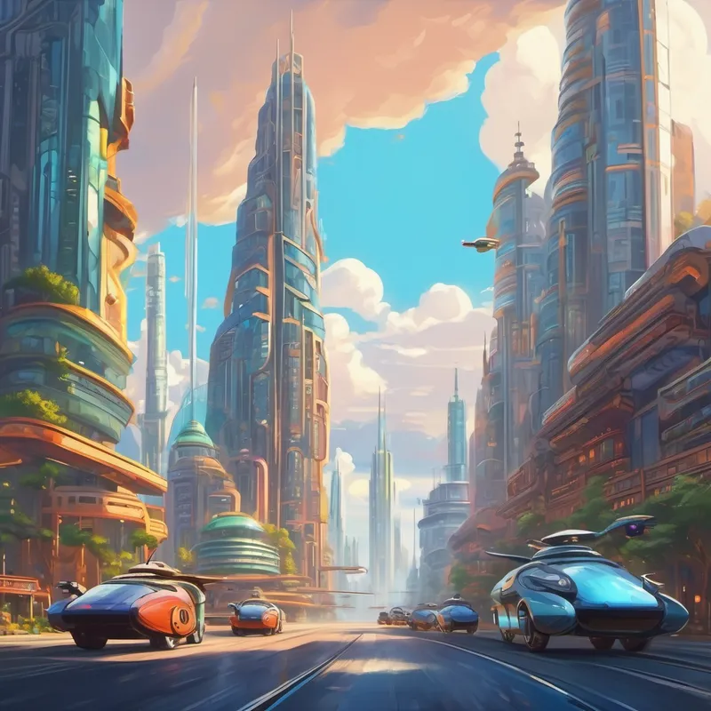 A futuristic cityscape with towering buildings and hovercars