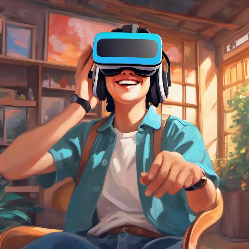 A person wearing a VR headset and smiling