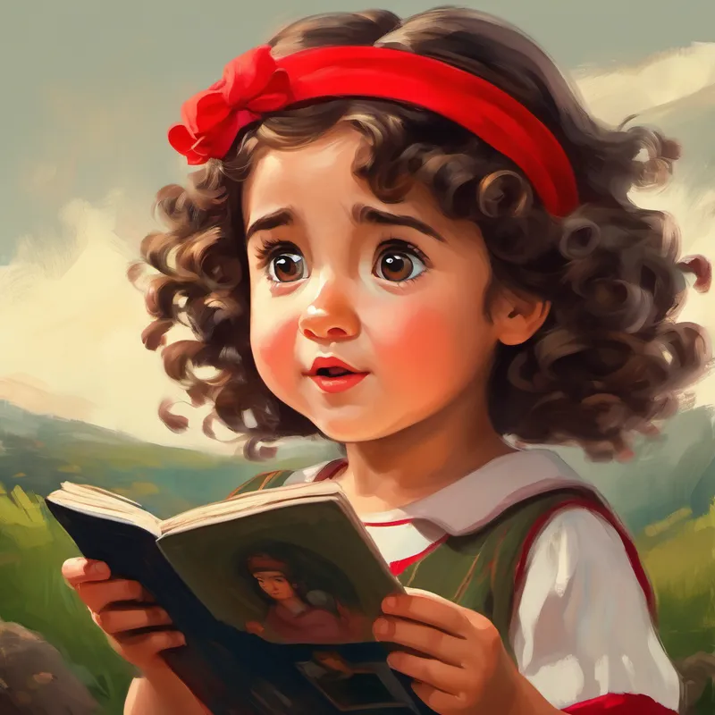 A little girl with curly brown hair and a red headband. holding an old photograph and looking surprised