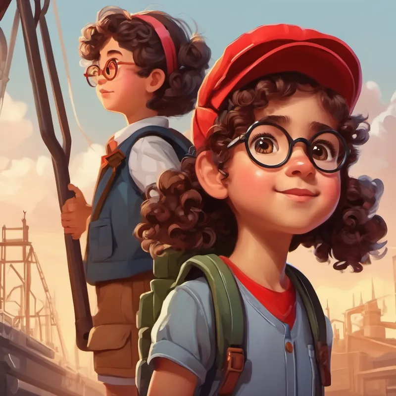 A little girl with curly brown hair and a red headband. and A smart and brave engineer with glasses and a backpack. standing side by side