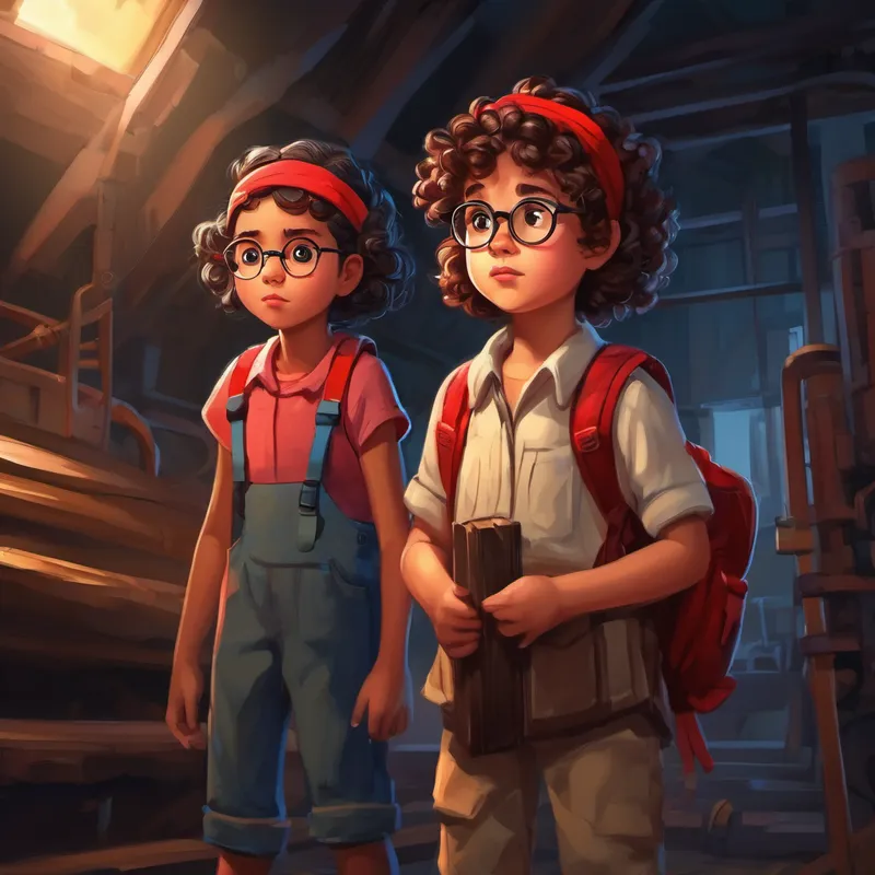 A little girl with curly brown hair and a red headband. and A smart and brave engineer with glasses and a backpack. looking worried in a dark room