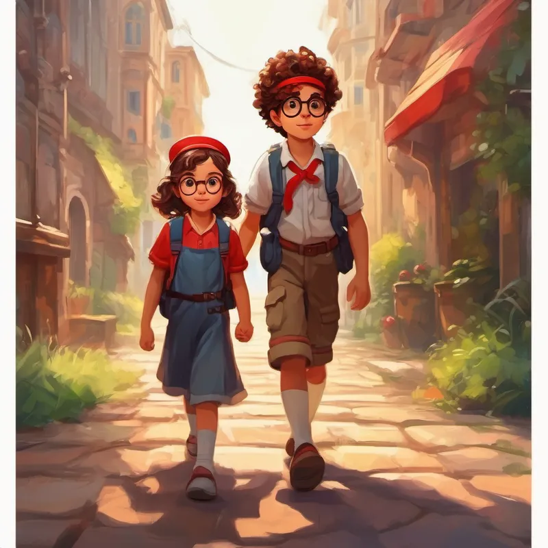 A little girl with curly brown hair and a red headband. and A smart and brave engineer with glasses and a backpack. holding hands and standing determined
