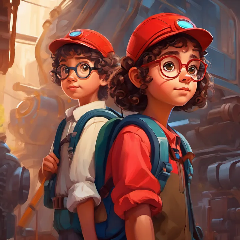 A little girl with curly brown hair and a red headband. and A smart and brave engineer with glasses and a backpack. looking hopeful and determined
