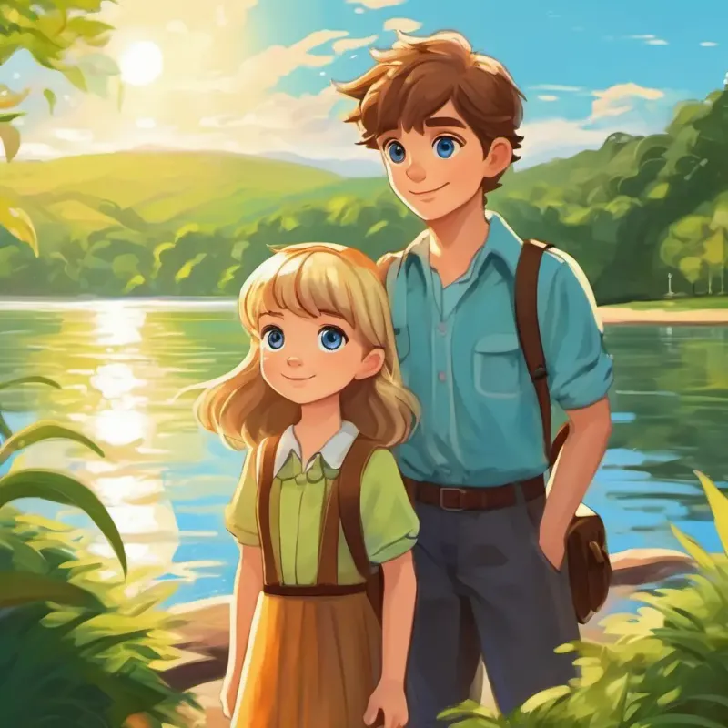 Charlie - boy with brown hair and blue eyes and Lola - girl with blonde hair and green eyes at the lakeshore, sunny day, sparkling water
