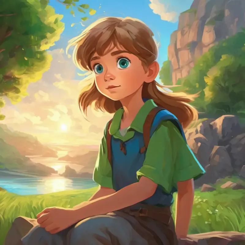 Charlie - boy with brown hair and blue eyes throwing the stone, Lola - girl with blonde hair and green eyes watching in awe