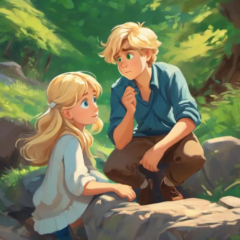 Lola - girl with blonde hair and green eyes trying to skip the stone, Charlie - boy with brown hair and blue eyes scratching his head