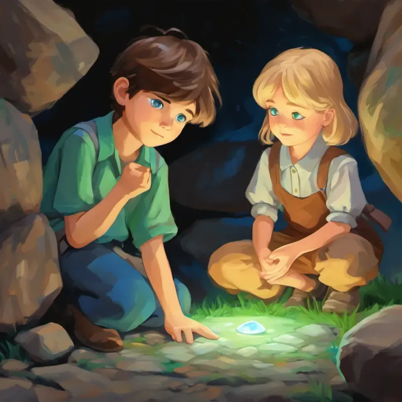 Charlie - boy with brown hair and blue eyes and Lola - girl with blonde hair and green eyes examining the stone, wishing with closed eyes