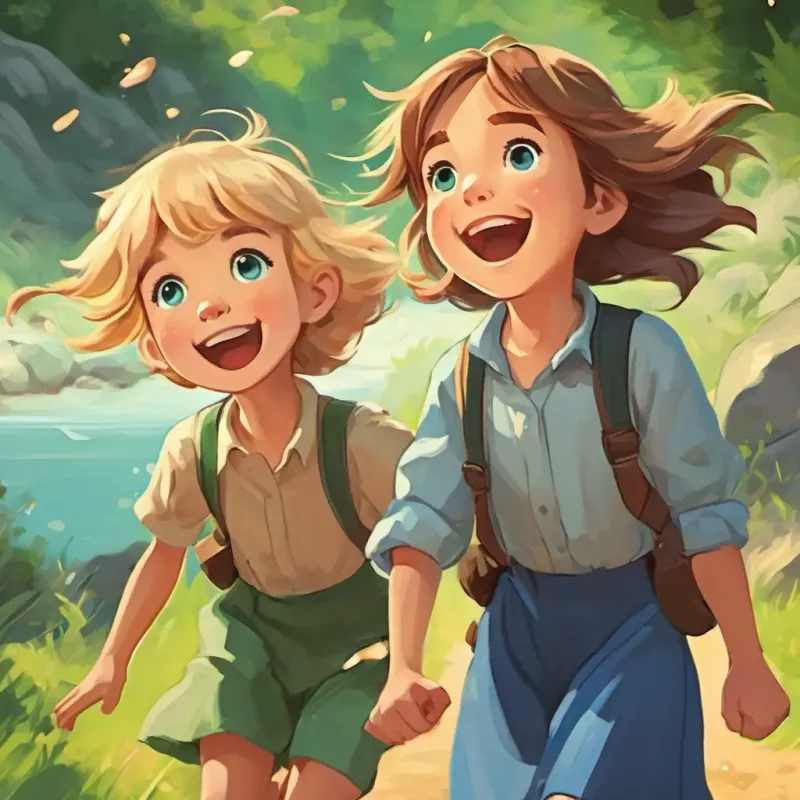 Charlie - boy with brown hair and blue eyes and Lola - girl with blonde hair and green eyes laughing, stone skipping away