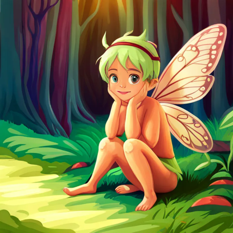 Curious fairy with shiny wings and mischievous smile introduces us to the enchanting forest