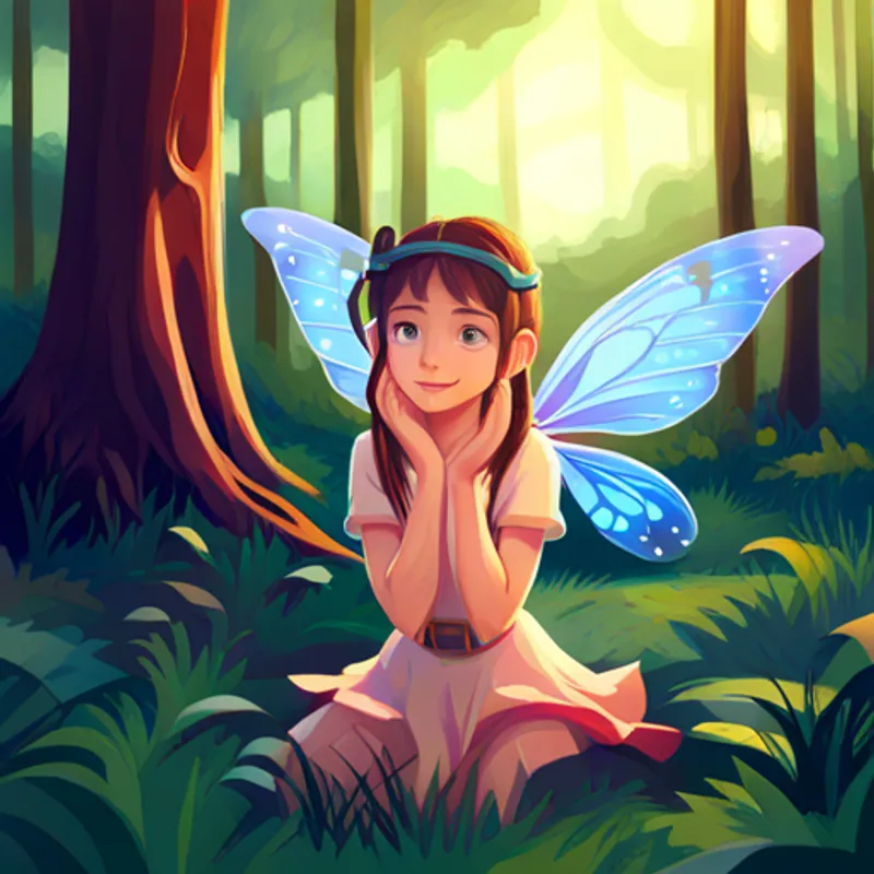 Curious fairy with shiny wings and mischievous smile's mischievous smile as she explores the forest