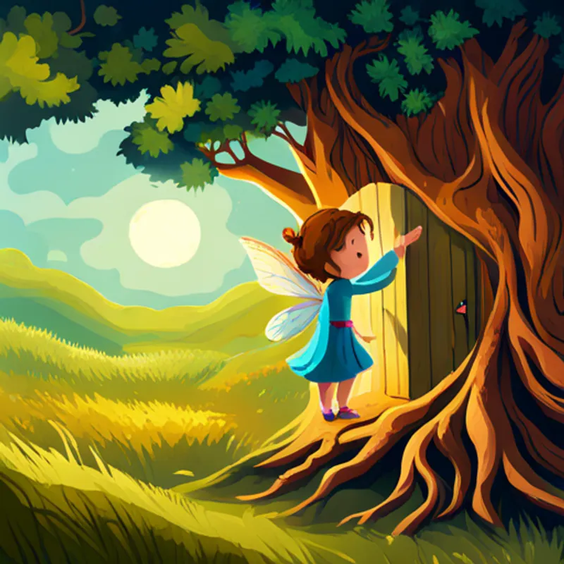 Curious fairy with shiny wings and mischievous smile discovers a hidden door in an ancient oak tree