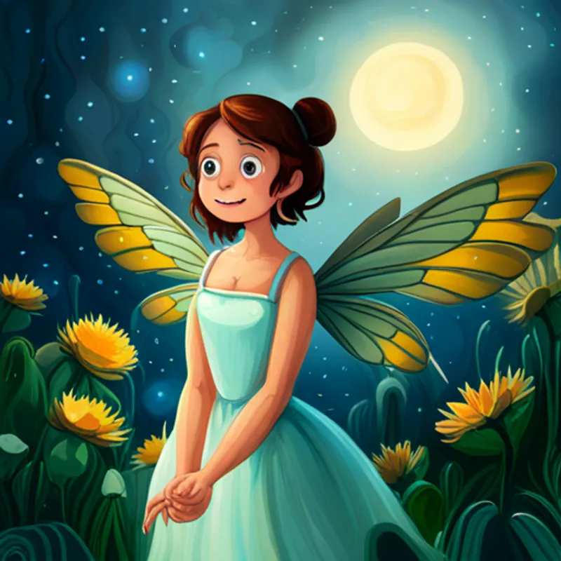 Curious fairy with shiny wings and mischievous smile is amazed by the magical world she discovers
