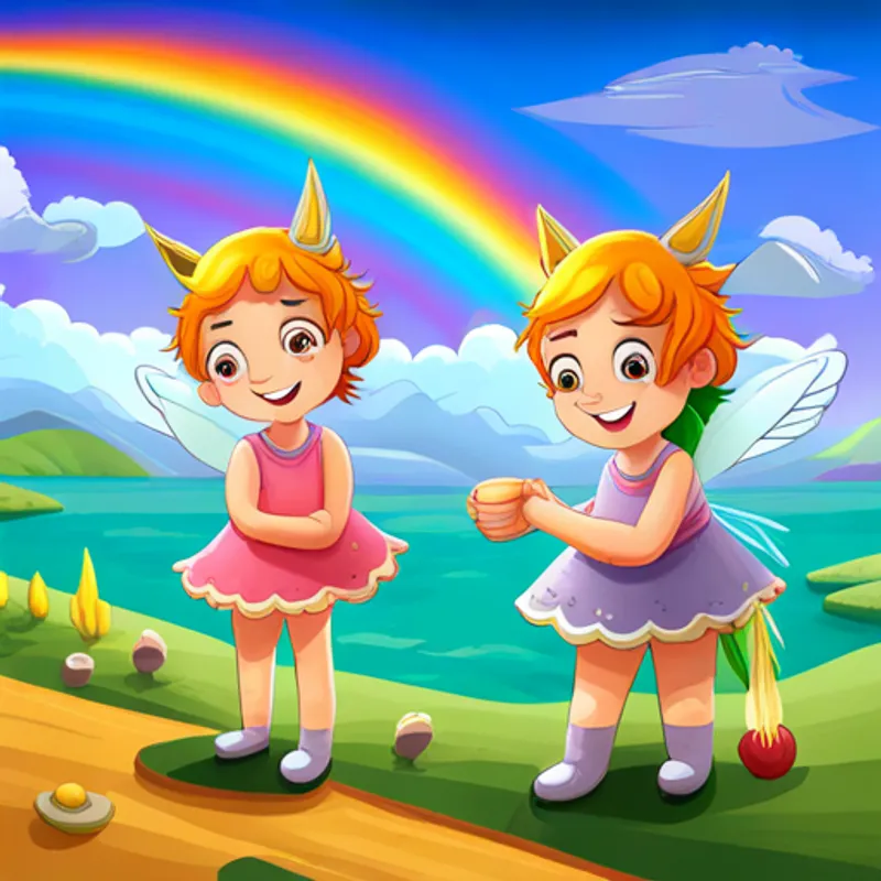 Curious fairy with shiny wings and mischievous smile, Friendly unicorn with rainbow-colored mane, and Mischievous pixie with golden hat and silver wings having a fun time