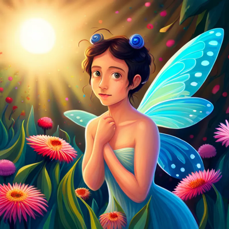 Curious fairy with shiny wings and mischievous smile enchanted by the colorful flora of the world