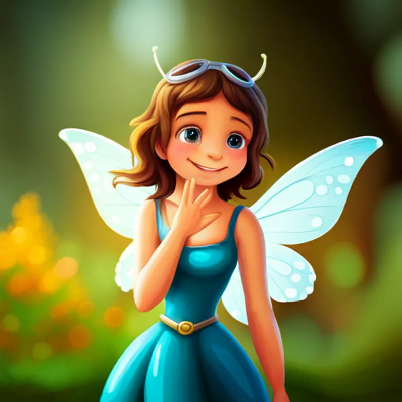 Curious fairy with shiny wings and mischievous smile waving goodbye, with a smile on her face