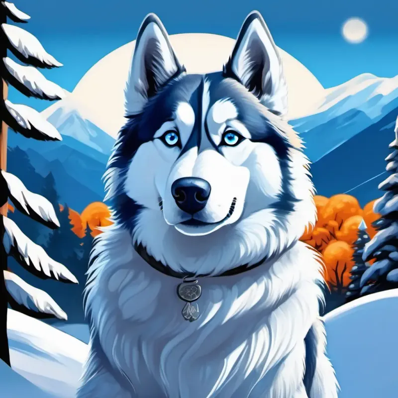 Frosty the husky, fluffy with bright blue eyes the husky with bright blue eyes, surrounded by snow-covered hills and trees.