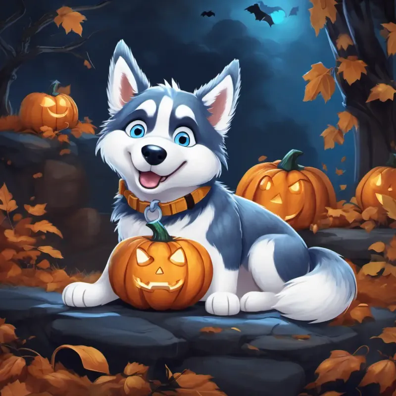Frosty the husky, fluffy with bright blue eyes humming, tapping his toes, and getting ready for an adventure, with his fluffy tail wagging.