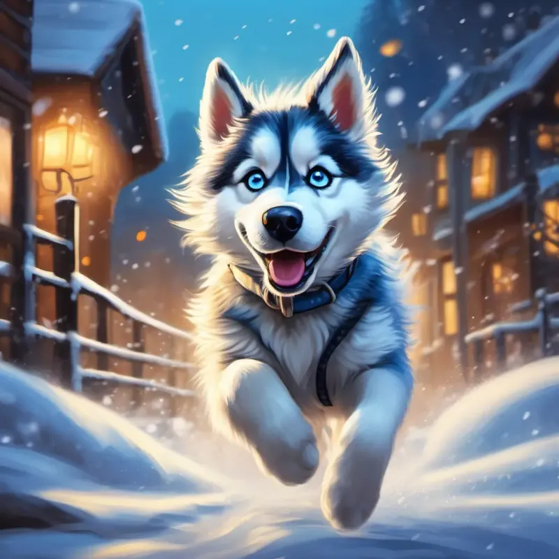 Frosty the husky, fluffy with bright blue eyes jumping and running, with the snow glistening all around him.
