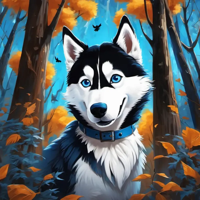 Frosty the husky, fluffy with bright blue eyes surrounded by chatty Clever, chatty crows with shiny black feathers in cypress trees, all making cheerful sounds together.