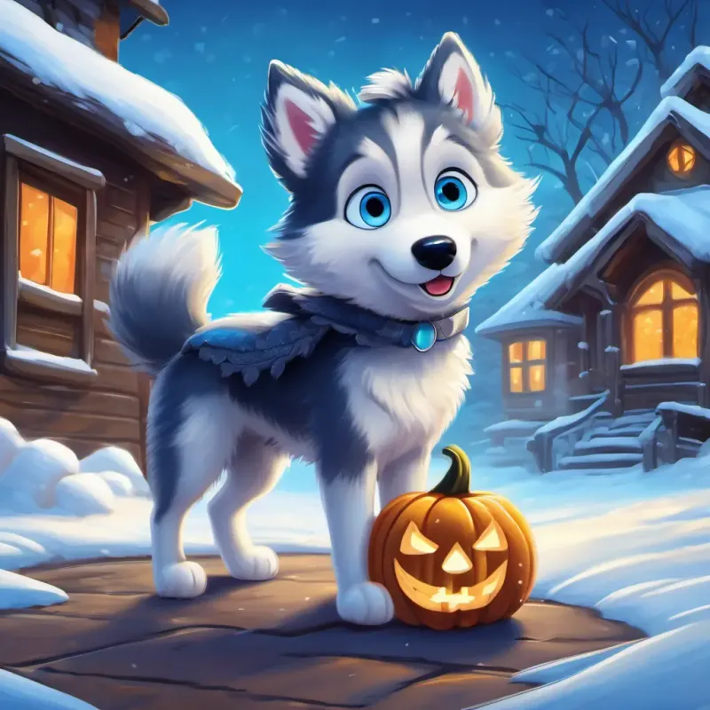 Frosty the husky, fluffy with bright blue eyes returning home, feeling grateful with his whiskers wiggling and snow covering his paws.