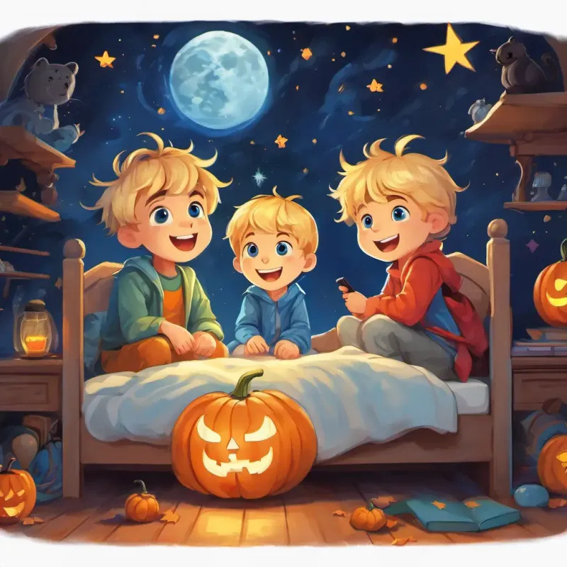 The text appears on a colorful page decorated with stars and a crescent moon. In the middle of the illustration are Adorable twin brothers with blond hair and joyful blue eyes, with wide-eyed expressions of curiosity and surprise. The setting is their cozy bedroom, with bunk beds and stuffed animals scattered around.