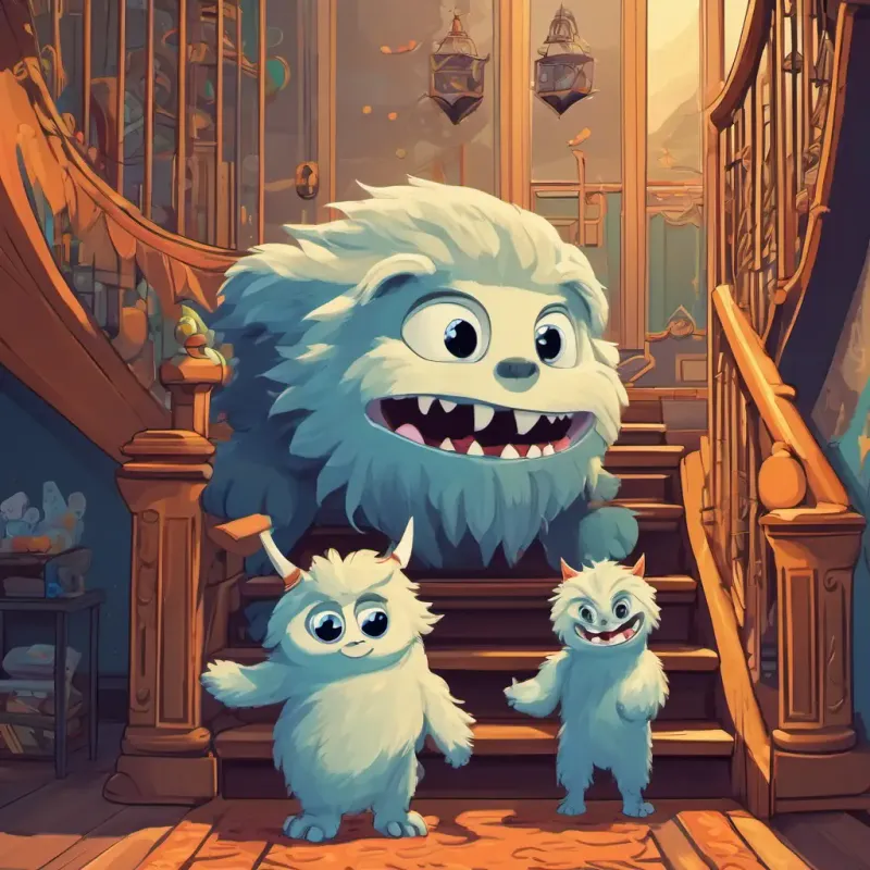 The text appears on a page with a staircase leading down to an open living room. Adorable twin brothers with blond hair and joyful blue eyes stand at the top of the staircase, holding each other's hands. The monster, named Bessy, is depicted as a tall, friendly creature with shaggy gray fur, big round eyes, and a wide grin.