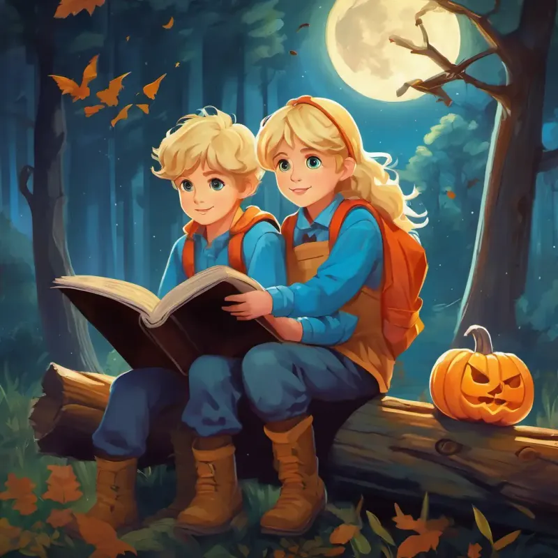 The text appears on a page showing a peaceful forest outside the house, bathed in moonlight. Bessy stands beside Adorable twin brothers with blond hair and joyful blue eyes, who are sitting on a log, listening intently. Bessy's friendly and protective nature is emphasized through her gentle gestures and kind expression.