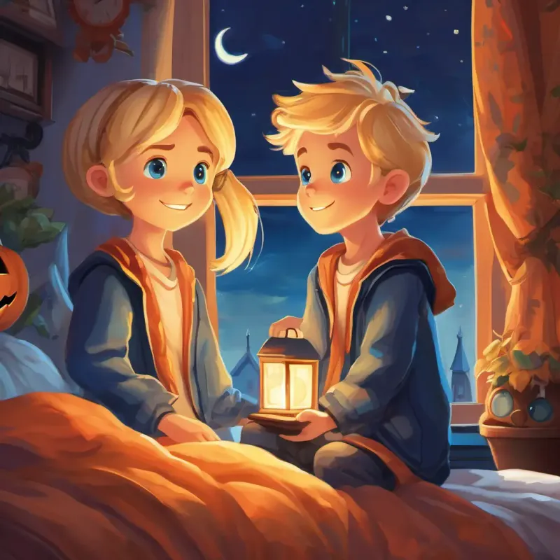 The text appears on a page depicting the twins' bedroom again, but this time with a glowing night light and an open window. Adorable twin brothers with blond hair and joyful blue eyes are tucked in their beds, holding hands and smiling up at Bessy, who is outside the window, waving back at them with a paw.