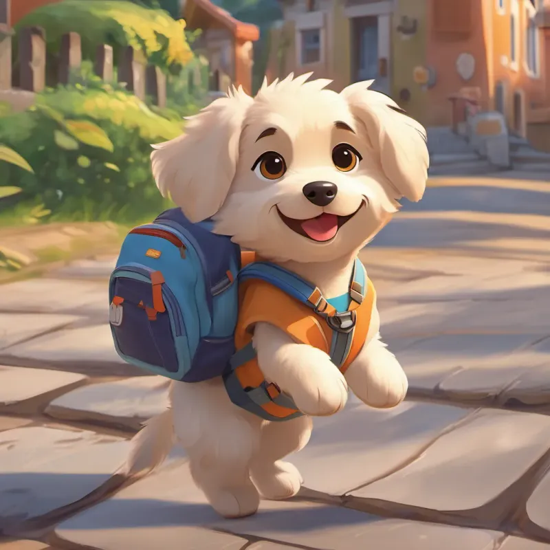 A cute A cute, adventurous puppy with a big backpack ready for school waking up with the sunrise, looking excited and cheerful.