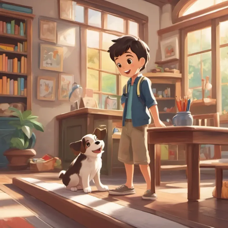 Puppy wagging his tail happily as he gets ready for school.