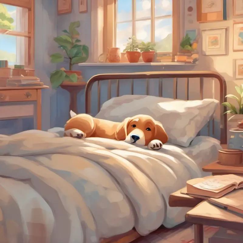 Puppy snuggled in bed, dreaming happily about school adventures.