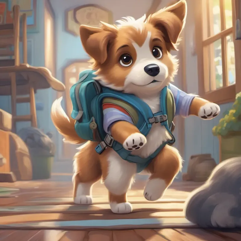 Puppy with an oversized backpack, walking across the floor with his paws making tippy-tap sounds.