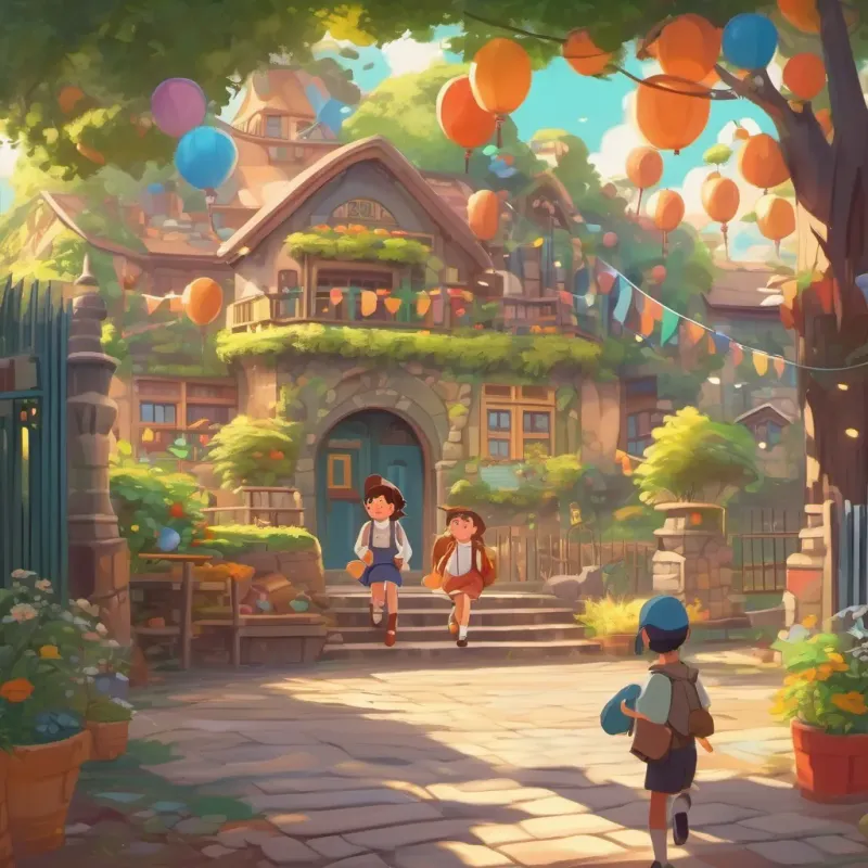 Whimsical, colorful schoolyard with various playful elements and excited children.