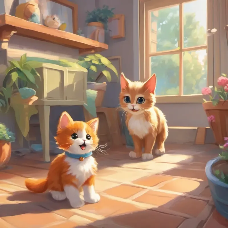 Kitten Mittens meowing and Bunny Sunny hopping as they welcome Puppy.
