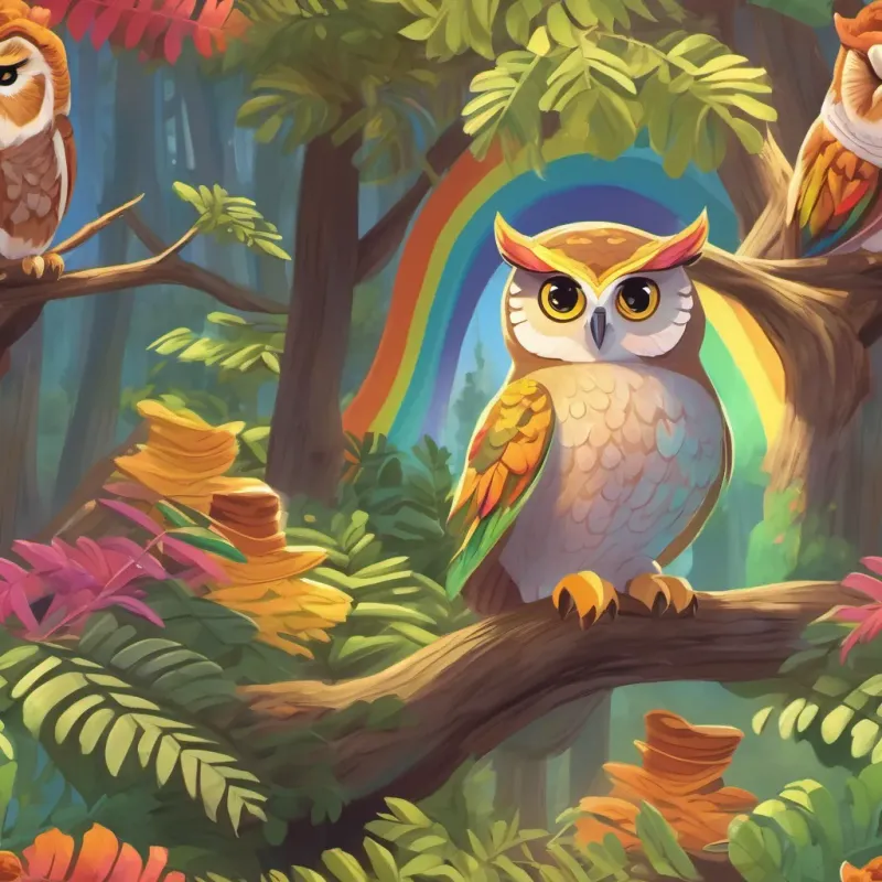 A wise owl teacher named Miss Hoot teaching the students about rainbows and ferns.