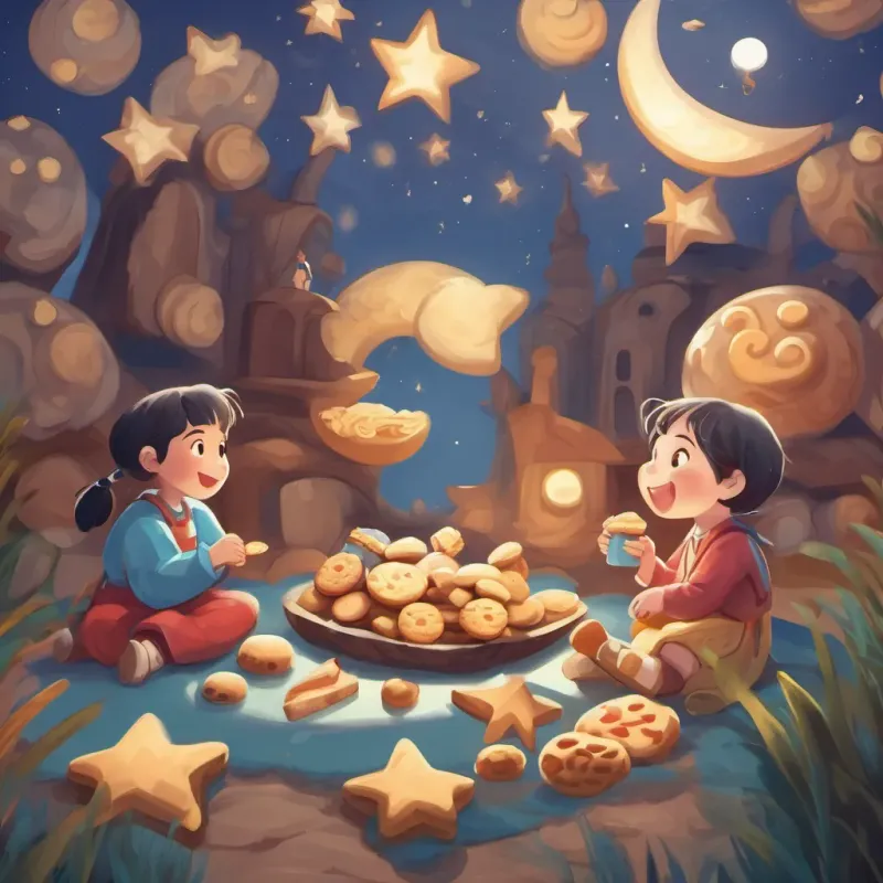 Children enjoying snack time with star and moon-shaped cookies.