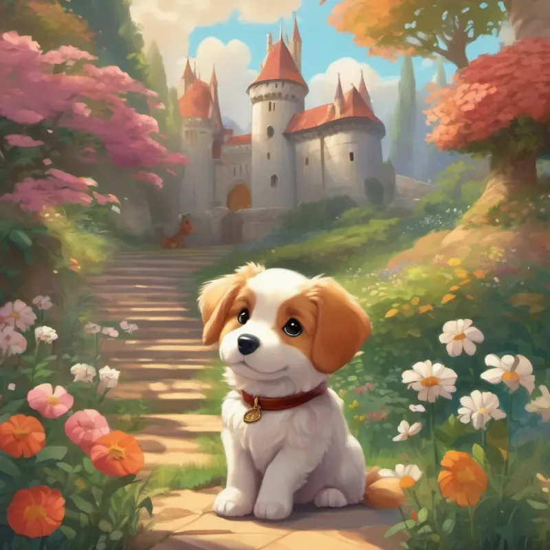 Puppy sitting attentively during storytime, with images of knights and flowers in the background.