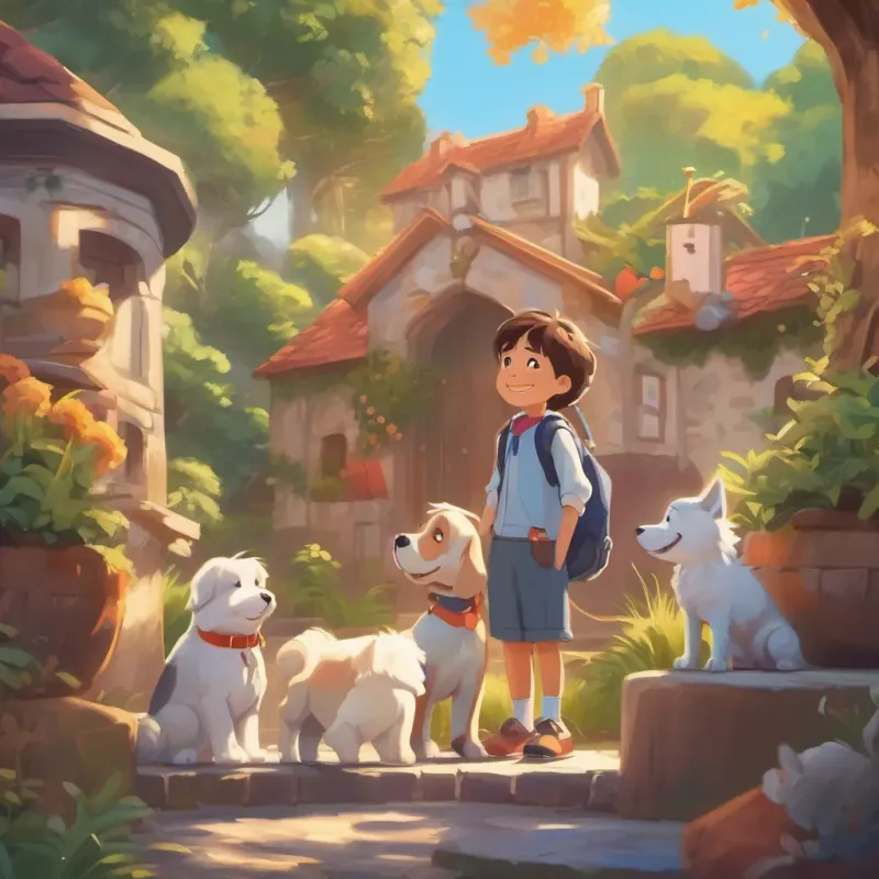 Puppy and his new friends smiling as the school day ends, eager for the next day.