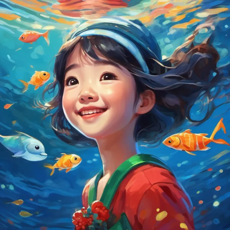 An happy chinese girl in swimming in the deep blue seas family present, introduction to her dreams.