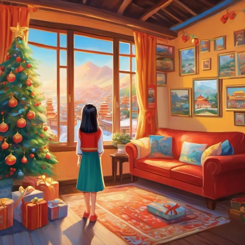 An happy chinese girl in her home with pictures of places around the world bright eyes and an eager smile's home in China, family present, introduction to her dreams.