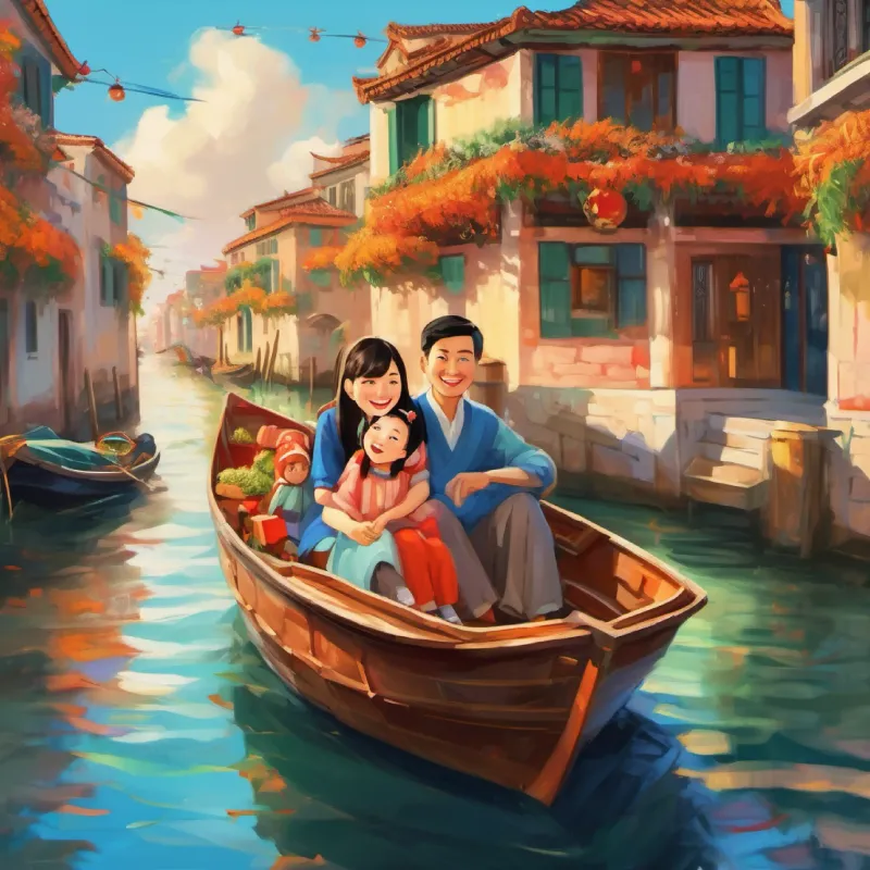 An energetic chinese family of 3 girl with mom and dad in a boat venice canal  bright eyes and an eager smile's home in China, family present, introduction to her dreams.
