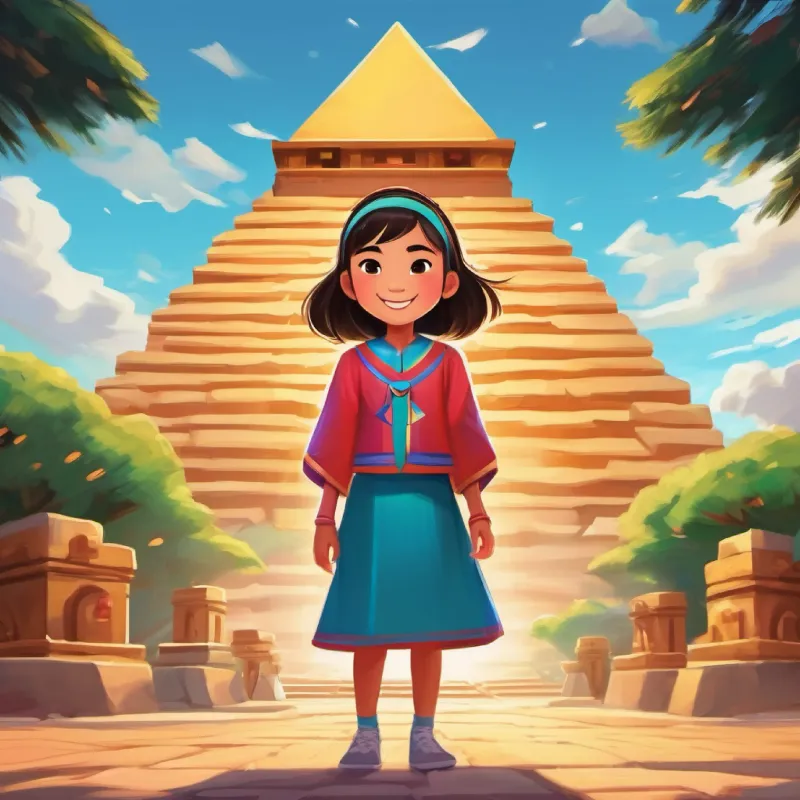An energetic cici's A 11 year old chinese little girl now eleven standing in front of pyramids with bright eyes and an eager smile's home in China, family present, introduction to her dreams.