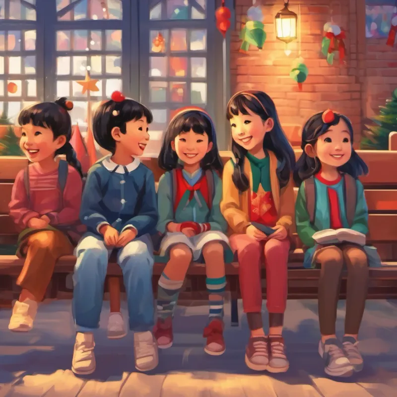 on happy chinese girl at school sitting on a bench surrounded by childhood friends,  introduction to her dreams.