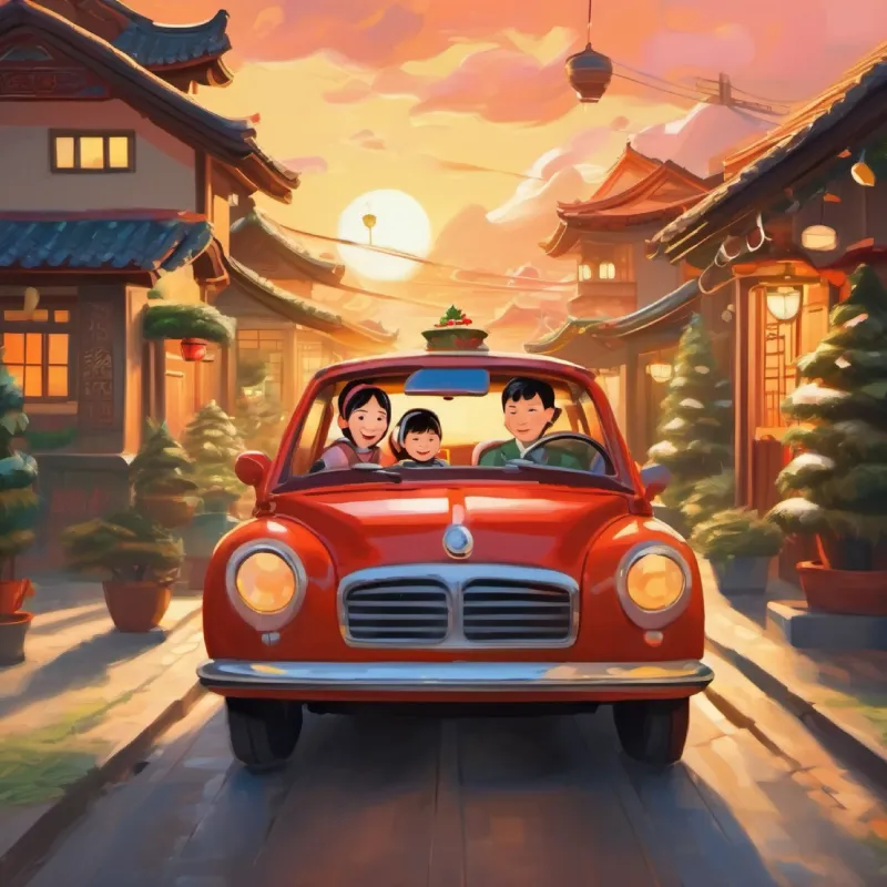 An happy chinese family a girl and her mother and  father in a car leaving their home heading for the airport