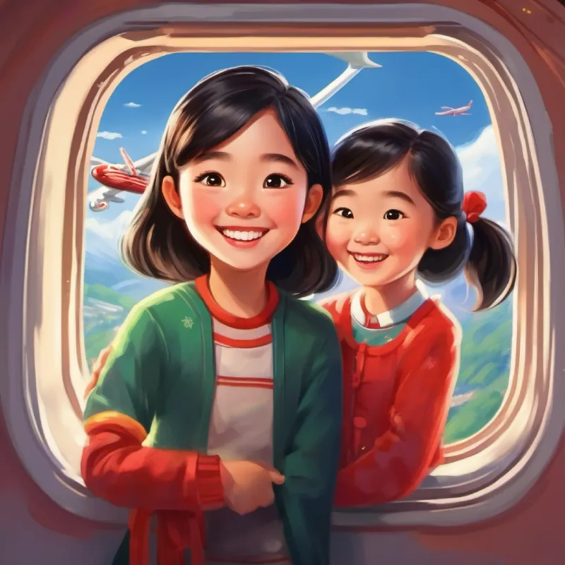 An happy chinese girl in looking out an airplane window with mom nearby and an eager smile's home in China, family present, introduction to her dreams.