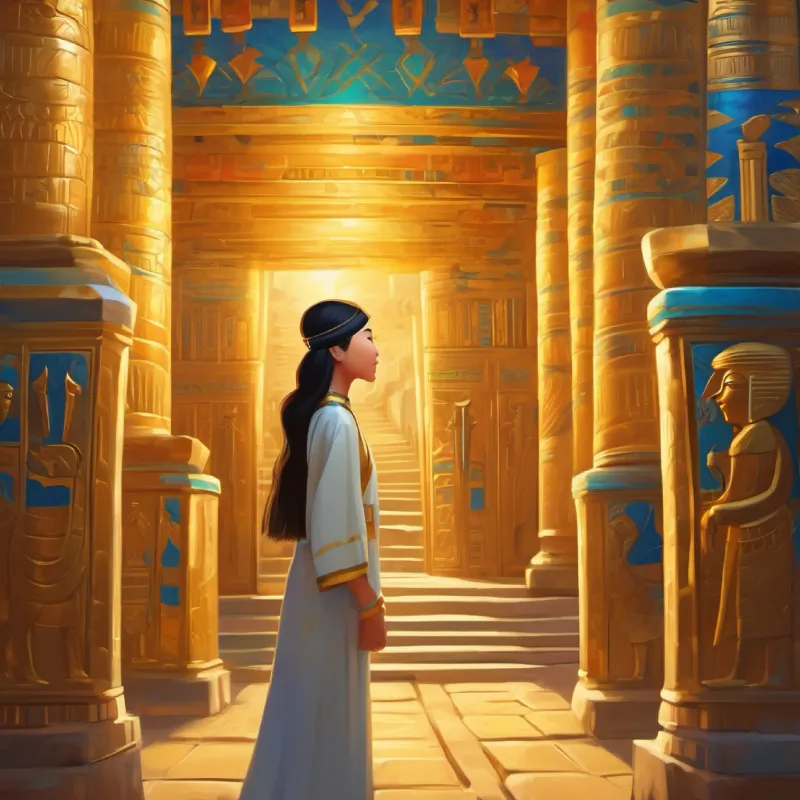 An happy chinese girl visiting king tut tomb introduction to her dreams.