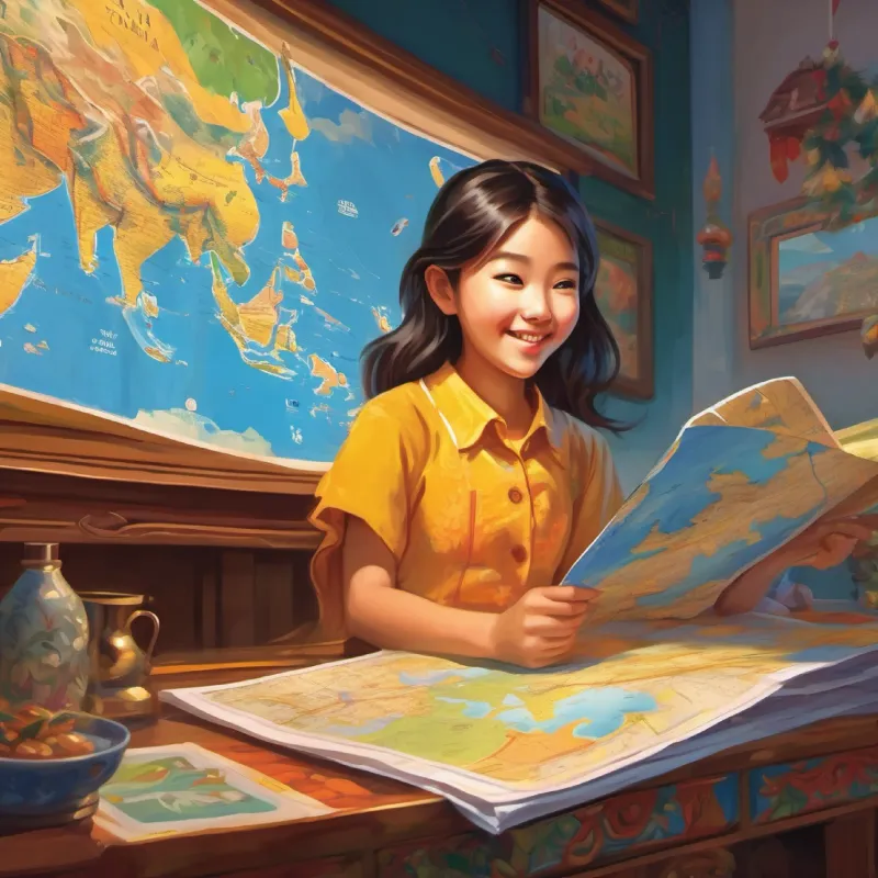 An energetic chinese girl with bright eyes and an eager smile's in her bedroom looking at a map of the world pointing to sri lanka introduction to her dreams.