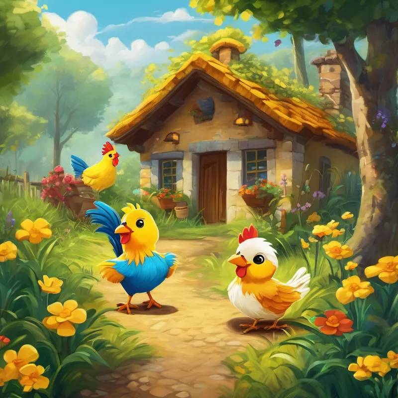 Once upon a time, in a small village called Encantolandia, there lived a little yellow chicken named El Pollo Amarillo. El Pollo Amarillo loved to spend his days playing outside and exploring new places. One sunny day, El Pollo Amarillo's friends, the animals of Encantolandia, decided to have a picnic in the magical forest. El Pollo Amarillo eagerly joined his friends, bringing his favorite snack, yellow corn. As they walked through the forest, El Pollo Amarillo noticed a beautiful trail covered in bright flowers. However, there was a problem – the animals weren't sure which way to go.
