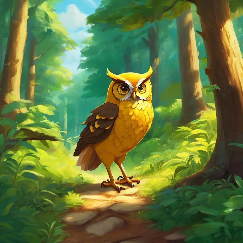Suddenly, El Pollo Amarillo had an idea. He remembered that his friend, the wise owl, knew everything there was to know about the forest. El Pollo Amarillo shouted, "Wise Owl, please help us! Which way should we go?" The wise owl flew down from a nearby tree and gently said, "To find our way, let's journey through the ABC forest. Each path represents a letter of the alphabet, and by following them, we'll reach the picnic spot together!"