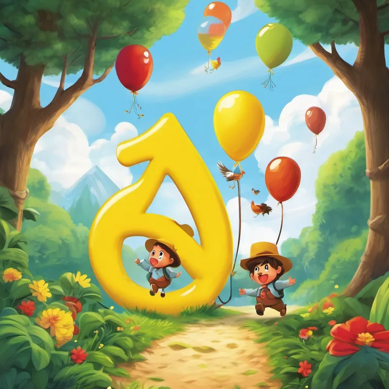 Excitedly, El Pollo Amarillo and his friends started their adventure through the ABC forest. They found the first path, shaped like the letter 'A' and walked on it while singing, "A, a, apples are so yummy!" After reaching the end of the 'A' path, they came across the letter 'B'. El Pollo Amarillo exclaimed, "B, b, balloons floating so high!" They hopped on the 'B' path, laughing and enjoying themselves.
